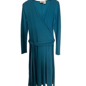Newport News Dress S Teal Long Sleeve Faux Wrap Stretch Self Tie Belt